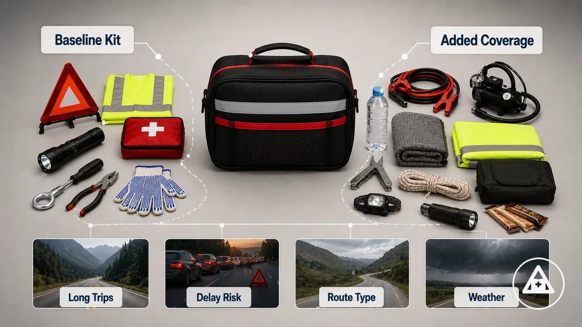 kit d’urgence voiture préparé pour une conduite plus longue avec couverture adaptée aux conditions de road trip