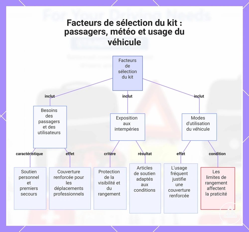 Facteurs de sélection du kit : passagers, météo et usage du véhicule