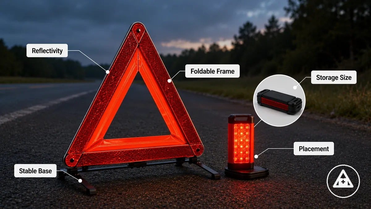 Triangle de signalisation annoté montrant la surface réfléchissante, le cadre pliable et la base stable