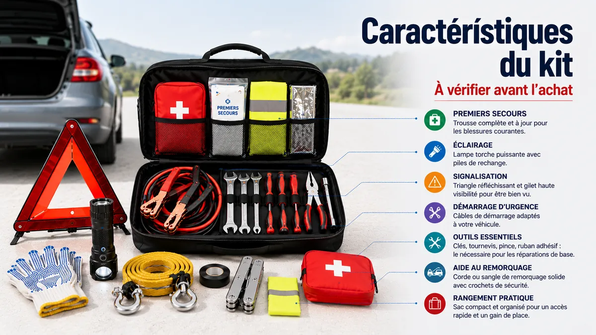 Caractéristiques d’un kit d’urgence voiture avec outils routiers, sac de rangement et accessoires de sécurité