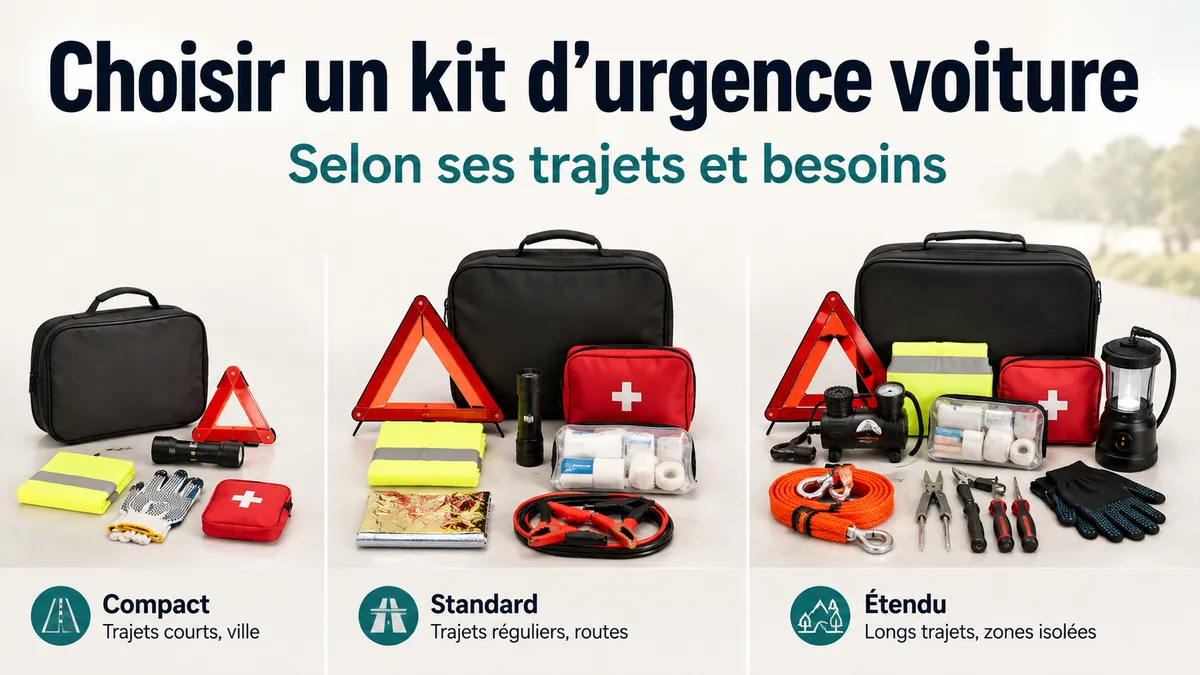 Différents kits d’urgence voiture présentés pour comparer les besoins de conduite et la couverture sur la route