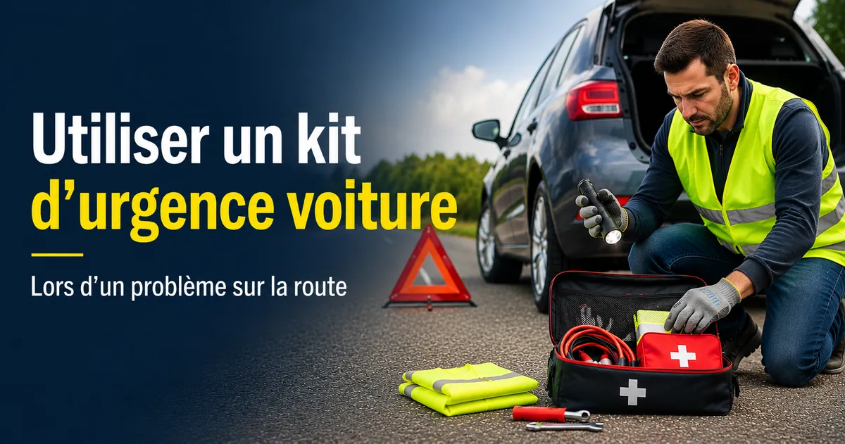 Conducteur se servant des articles de sécurité d’un kit d’urgence voiture lors d’un problème sur la route