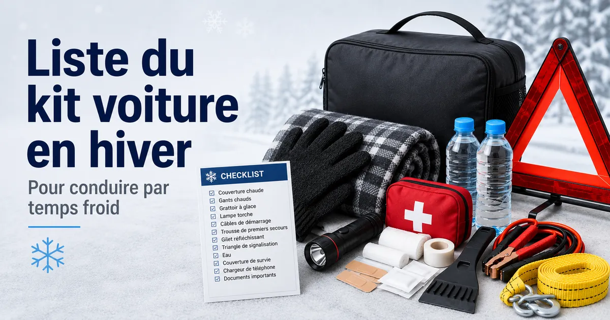 Kit d’urgence voiture en hiver avec articles pour le froid, gants, couverture et équipements de sécurité routière
