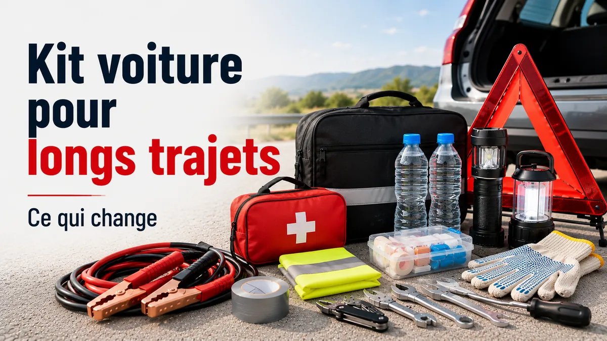 Kit d’urgence voiture préparé pour les longs trajets avec outils routiers, eau, éclairage et articles de sécurité