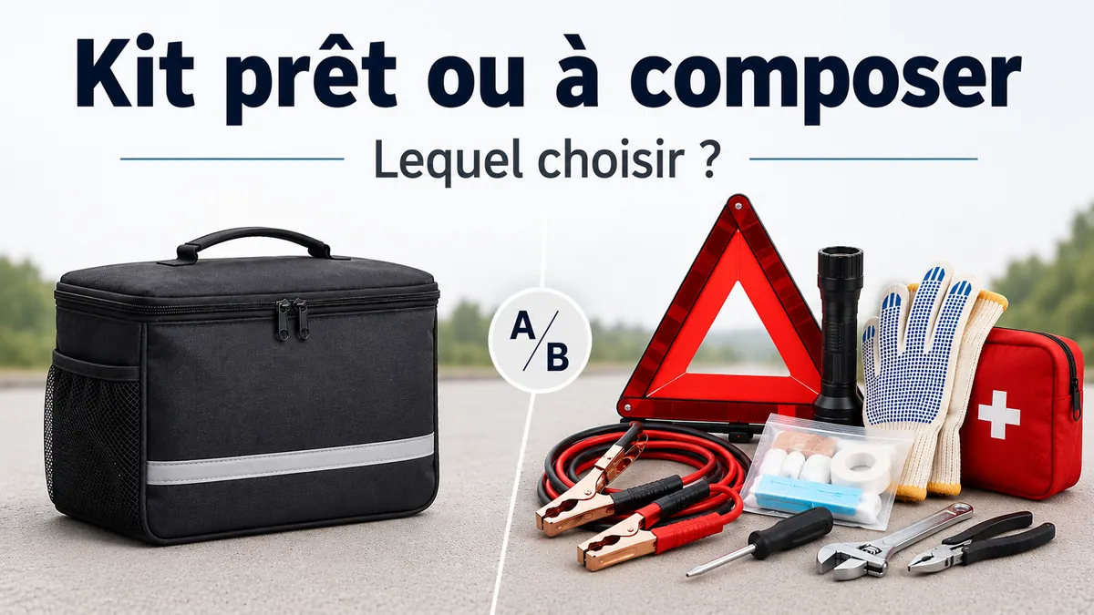 Kit d’urgence voiture prêt à côté d’articles séparés pour composer son propre kit de route