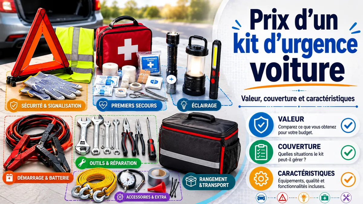 Articles d’un kit d’urgence voiture regroupés pour comparer la couverture, les caractéristiques et la valeur