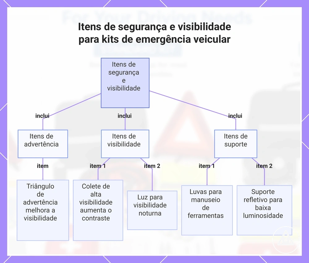 Itens de segurança e visibilidade para kits de emergência veicular