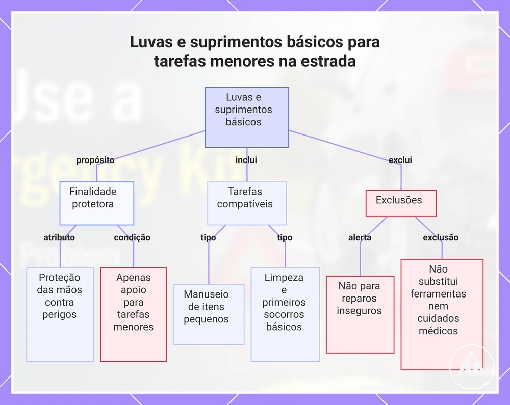 Luvas e suprimentos básicos para tarefas menores na estrada