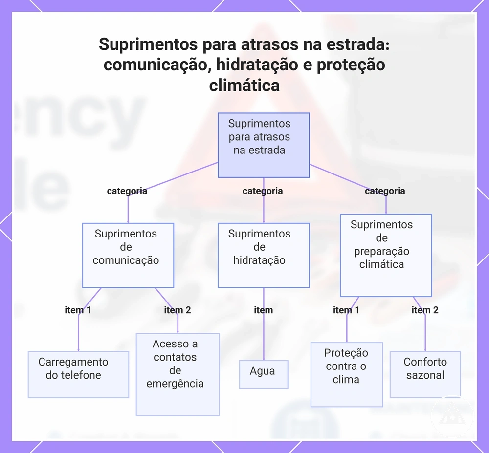 Suprimentos para atrasos na estrada: comunicação, hidratação e proteção climática