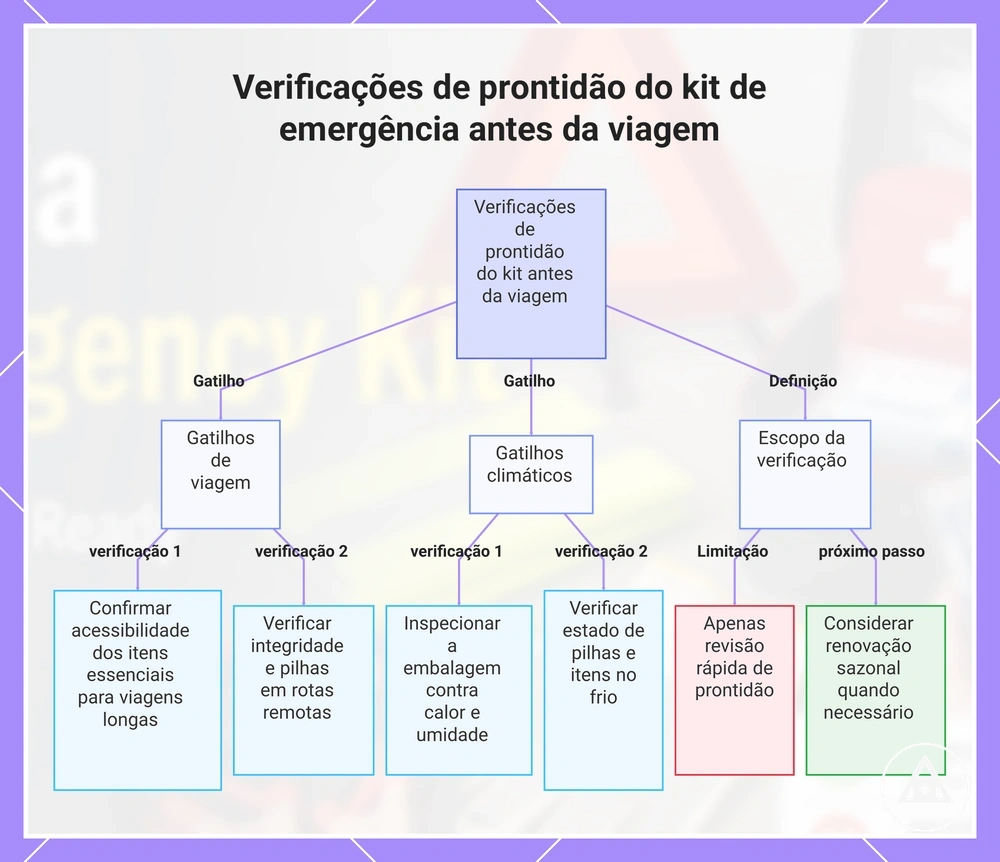 Verificações de prontidão do kit de emergência antes da viagem