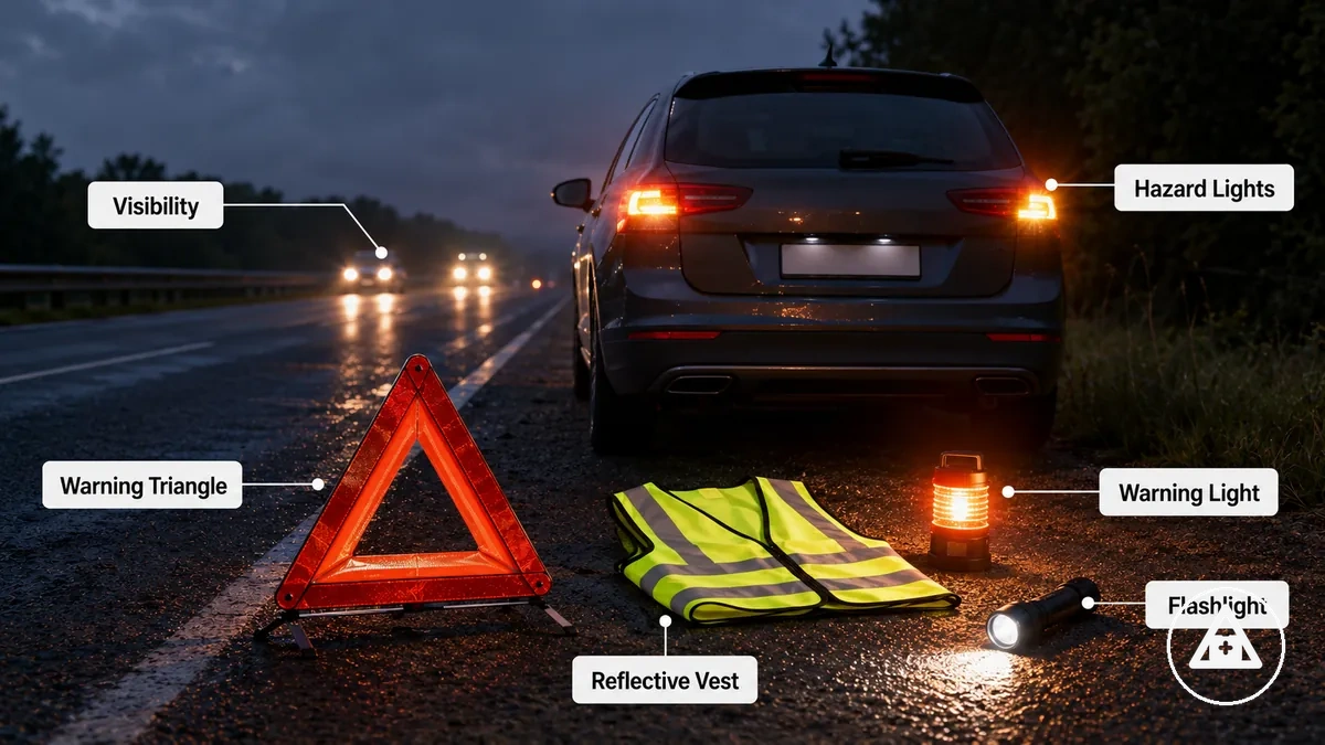 Itens de visibilidade e advertência para uso na estrada para um kit de emergência para carro, incluindo triângulo, colete refletivo e luz de advertência
