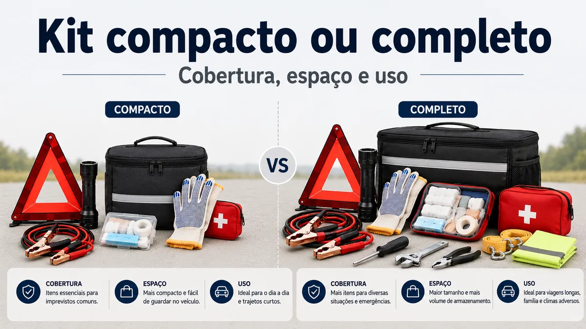 Kit de emergência para carro compacto comparado com um kit de estrada maior e mais completo