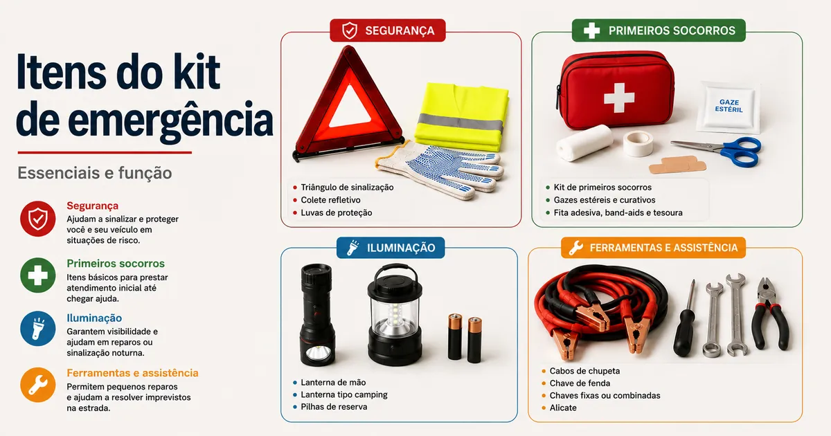 Itens de um kit de emergência para carro organizados por segurança, primeiros socorros, iluminação e ferramentas de estrada