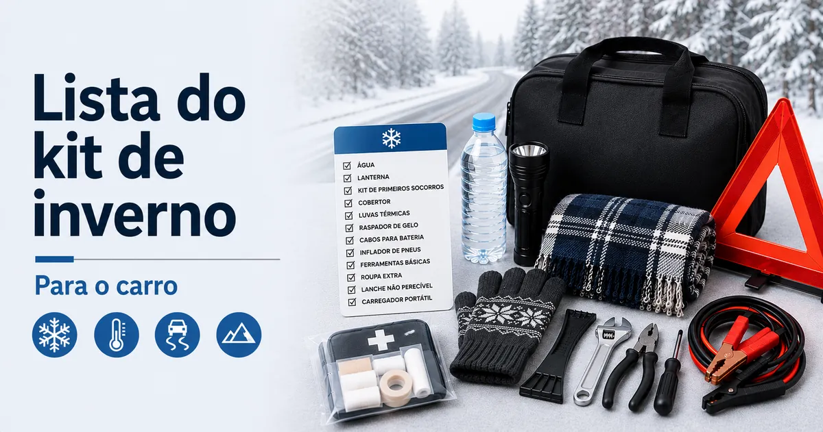 Kit de emergência para carro no inverno com suprimentos para frio, luvas, manta e itens de segurança na estrada