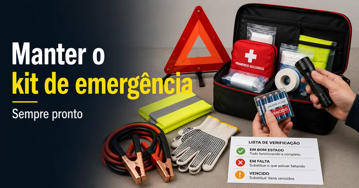 Kit de emergência para carro sendo conferido para identificar itens faltando, vencidos e acessórios com pilhas