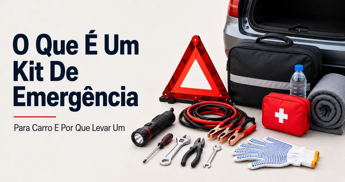 Kit básico de emergência para carro disposto para mostrar seus principais itens de preparo na estrada