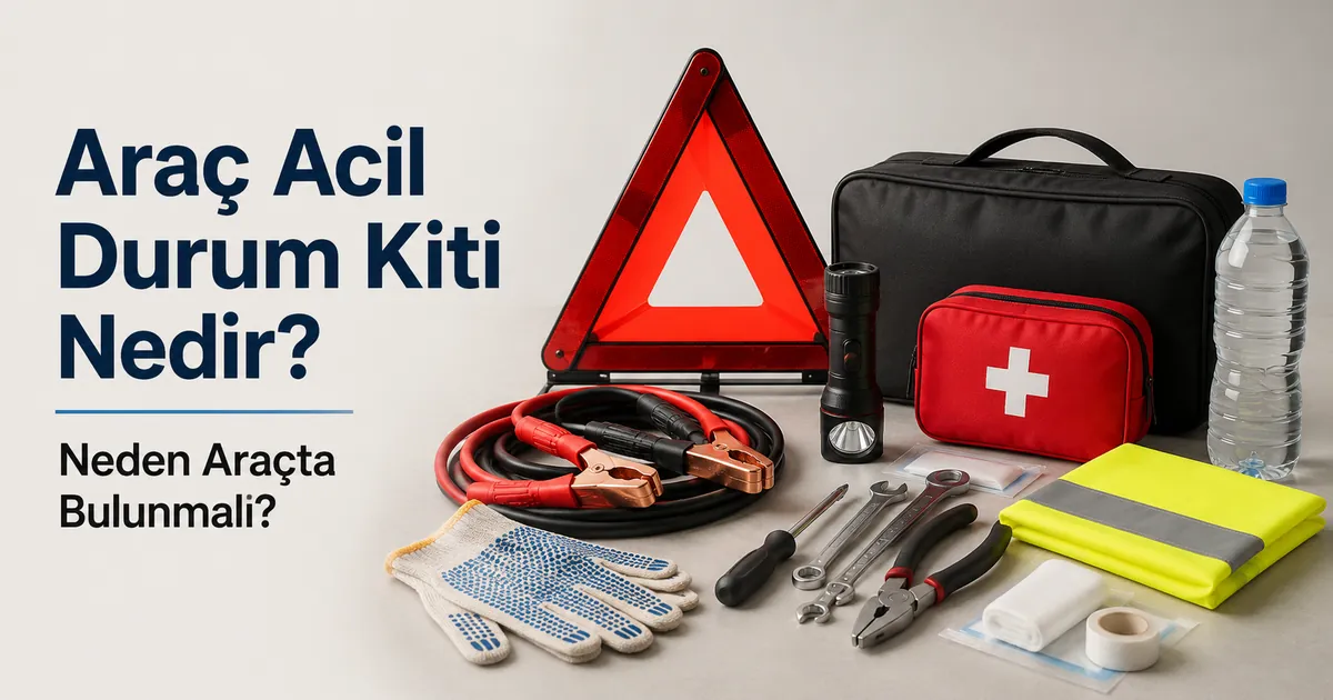 Yol hazırlığı için temel malzemeleri gösterecek şekilde yerleştirilmiş basit araç acil durum kiti