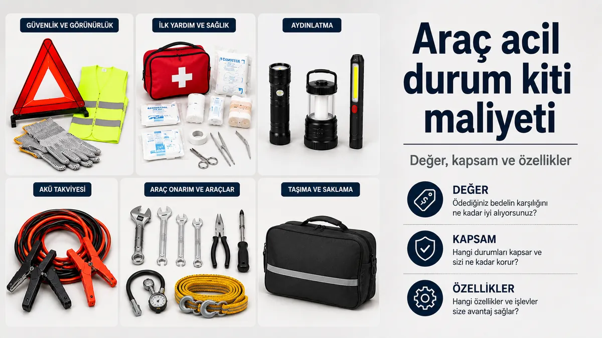 Kapsam, özellikler ve toplam değeri karşılaştırmak için gruplandırılmış araç acil durum kiti malzemeleri