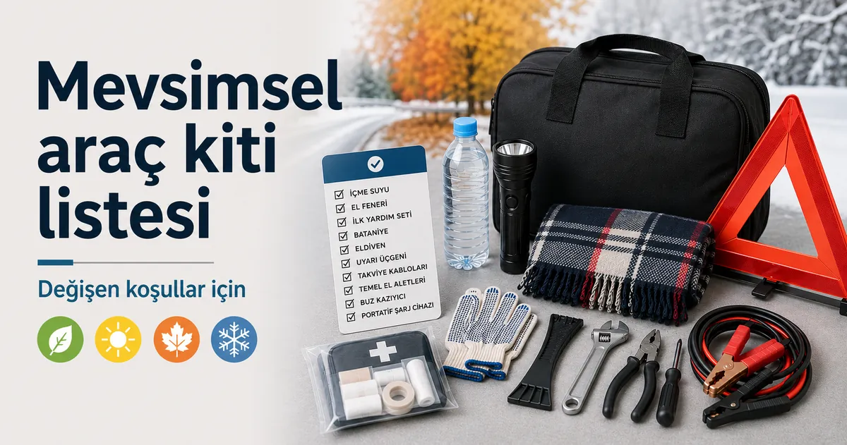 Değişen sürüş koşulları için malzemeler içeren mevsimsel araç acil durum kiti listesi