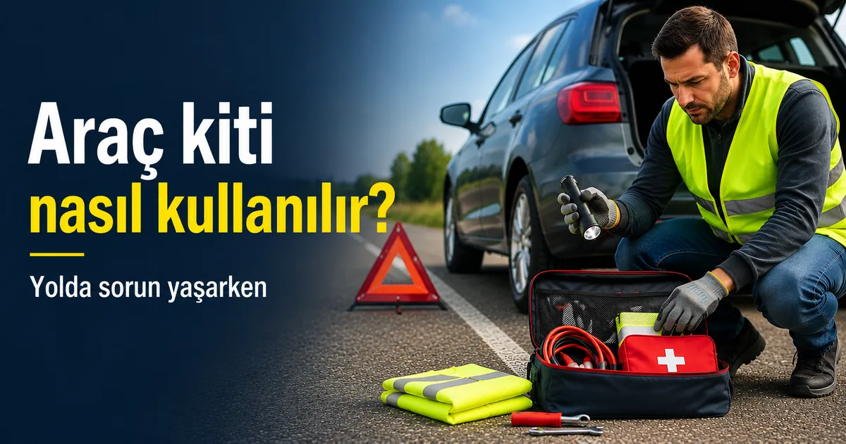 Yolda sorun sırasında araç acil durum kitindeki güvenlik ekipmanlarını kullanan sürücü