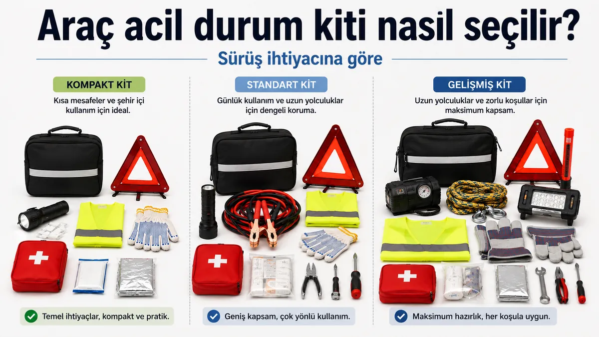 Sürüş ihtiyaçlarını ve yol kapsamını karşılaştırmak için gösterilen farklı araç acil durum kiti seçenekleri