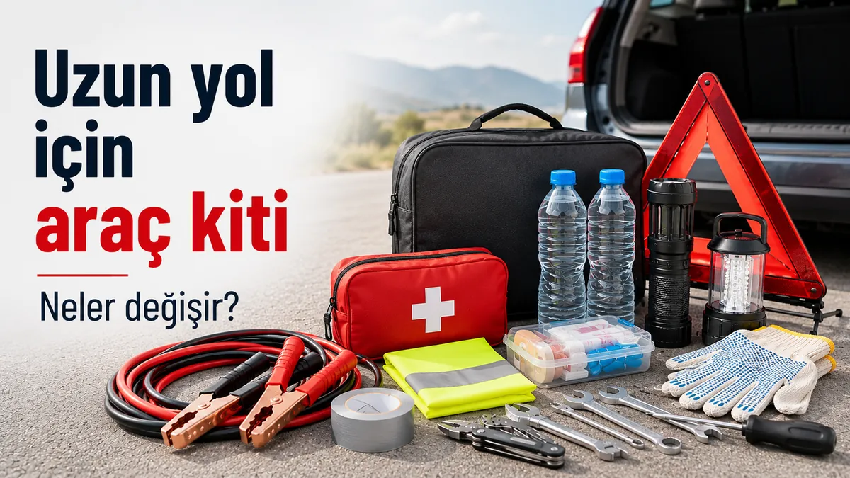 Yol araçları, su, aydınlatma ve güvenlik malzemeleriyle uzun yol için hazırlanmış araç acil durum kiti